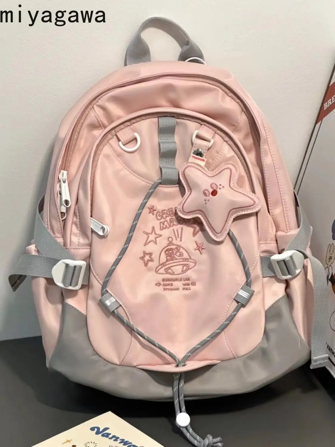 Miyagawa High School Student Girl Backpack with Star Pendant Lightweight Backpack Sweet Fashion Preppy Style Backpacks