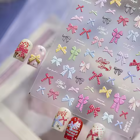 Exquisite grid bow nail sticker sweet and cute with rich colors bow sticker patterns nail decoration sticker DIY accessories
