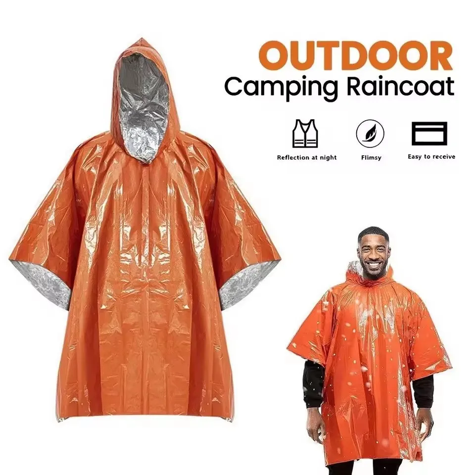 1Pc/2Pcs Emergency Rain Poncho Thermal Blanket Aluminum Foil Survival Gear Waterproof Hooded Raincoat for Camping Hiking 2Colors