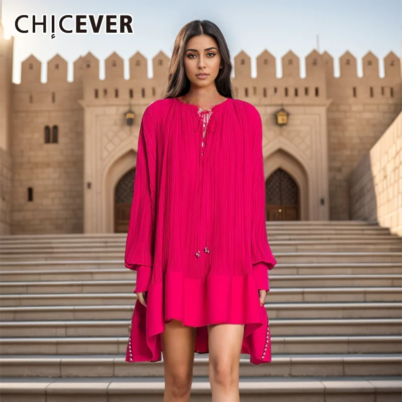 

CHICEVER Spliced Folds Mini Dress For Women O Neck Long Sleeve High Waist Patchwork Lace Up Loose Dresses Female Clothing Autumn