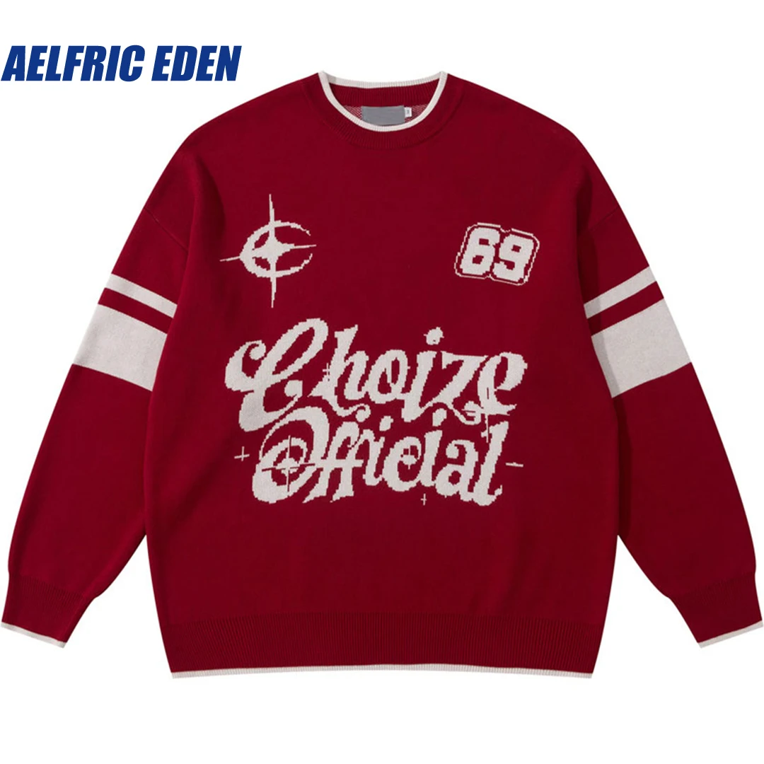 Aelfric Eden Knitted Letter Graphic Retro Pullover Jumper Y2K Hip Hop Vintage Sweater Streetwear 2023 Men Fashion Loose Sweaters