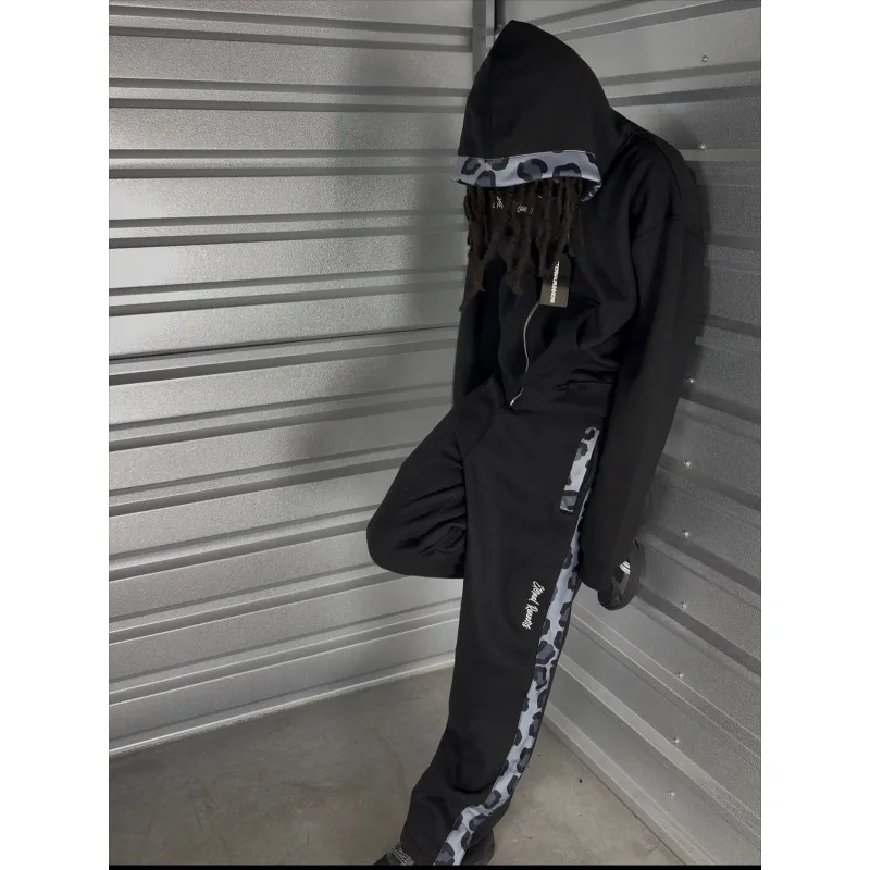 

Черно-серые спортивные штаны в камуфляжную полоску для мужчин, свободные джоггеры Y2K Streetwear, повседневные спортивные брюки с эластичной резинкой на талии и карманом