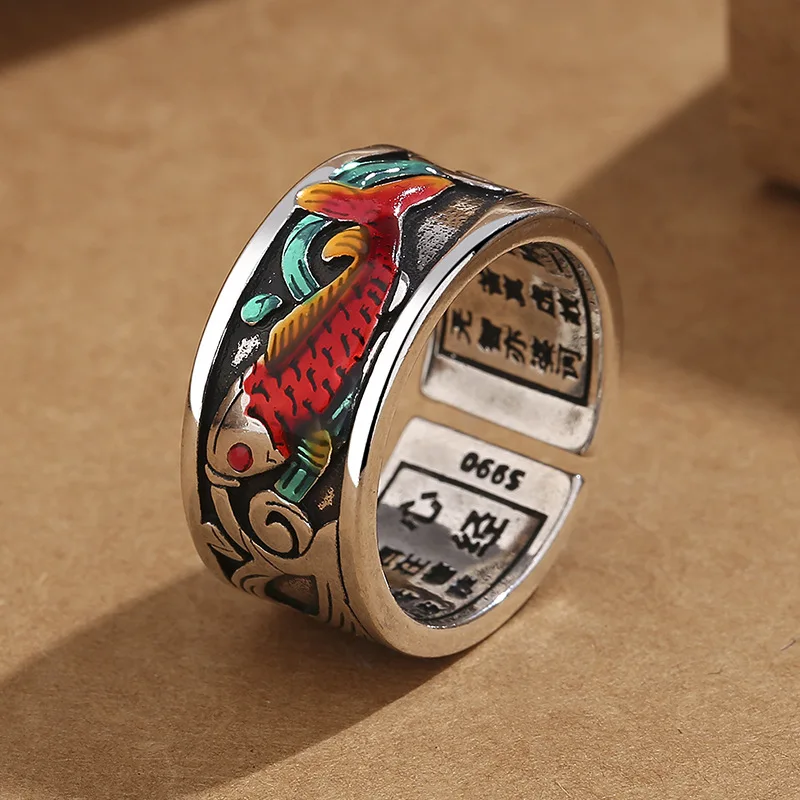 Retro Ethnic Style Enamel Carp Ring Female Index Finger Accessories Personality Buddhist Sutras Blessing  Women Jewelry Ring