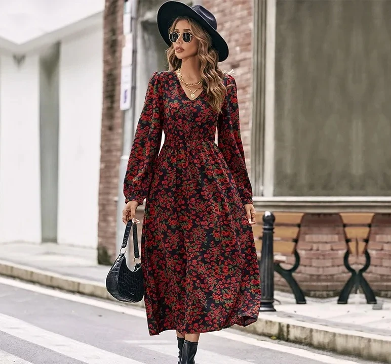 Decote em v fibra de poliéster estação independente primavera outono feminino moda elegante vermelho floral impressão manga longa vestido midi saia
