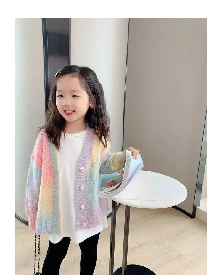 Girls Sweater Coat Autumn Gradient Cardigan Sweater 2023 New Childrens Rainbow Net Red Fashion Style Casual Girls Coat Top