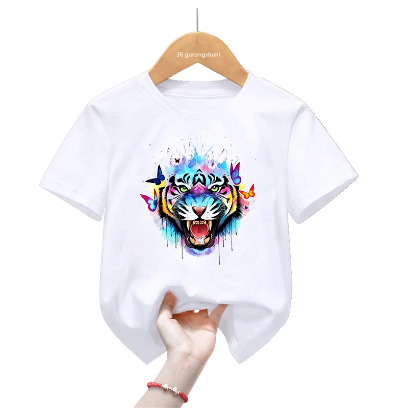 Tigre Aquarela e Flores Animal Estampado T-shirt para crianças, roupas Harajuku, Tops Kawaii para meninas e meninos, moda, verão