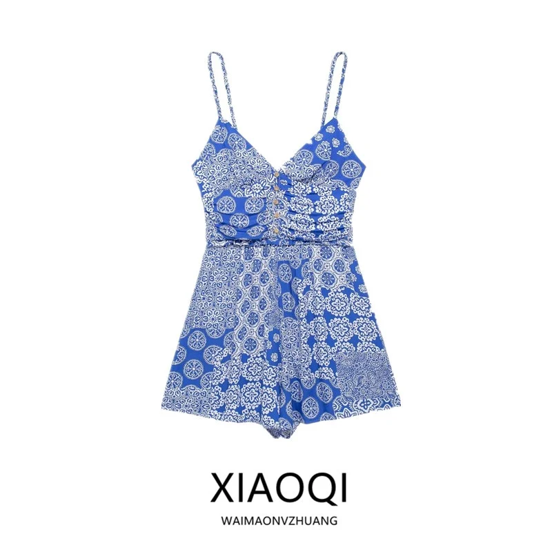 

Summer 2024 Women's Design Sense Strapl Print Pleated One-Piece Pants Polyester Blend mid Waist ort Length