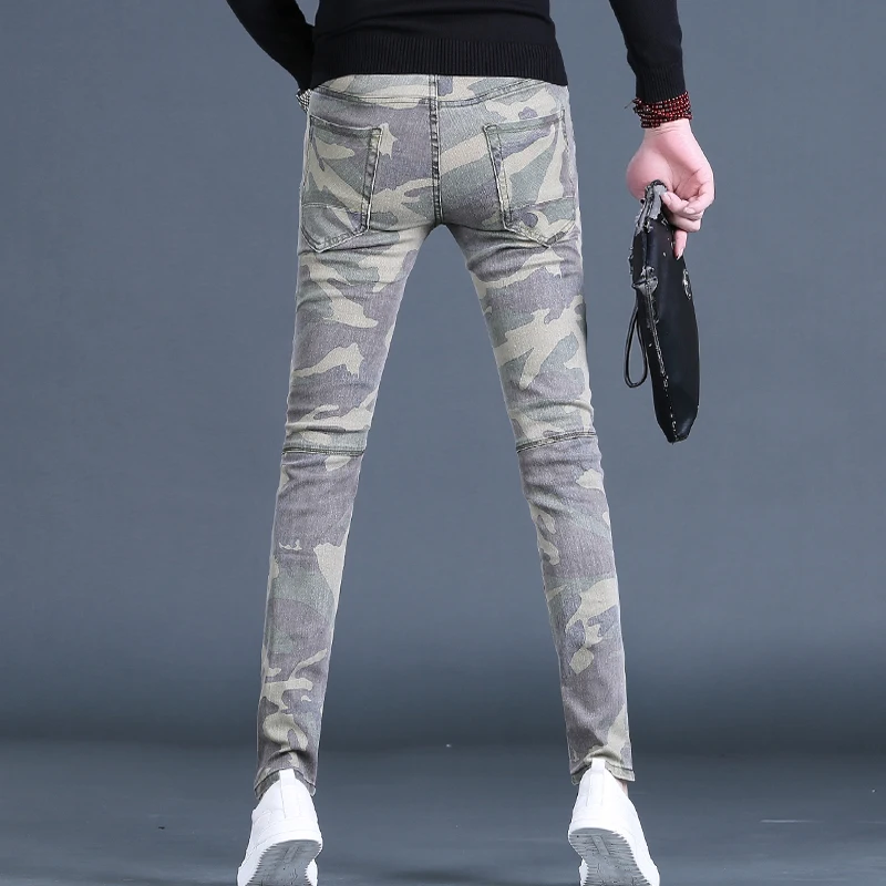 Autumn Men\'s Camouflage Jeans Casual Slim Fit Straight Leg Pants Streetwear Fashion Cotton Army Green Denim Trousers CP2071