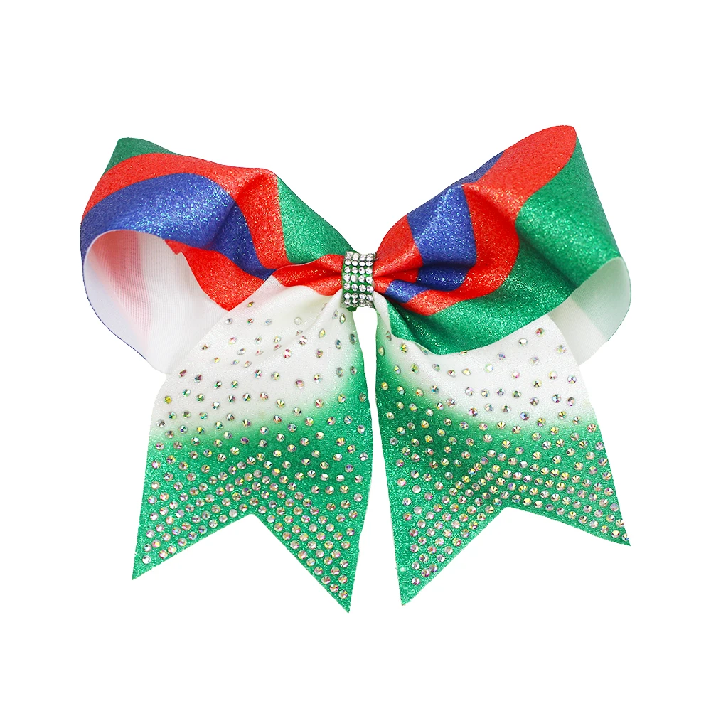 12pcs/Lot 7 Inches Cheerleader Bling Rhinestone Bow Hair Tie Custom logo for Student Ponytail Holder Sparkle Crystal Cheer Bow