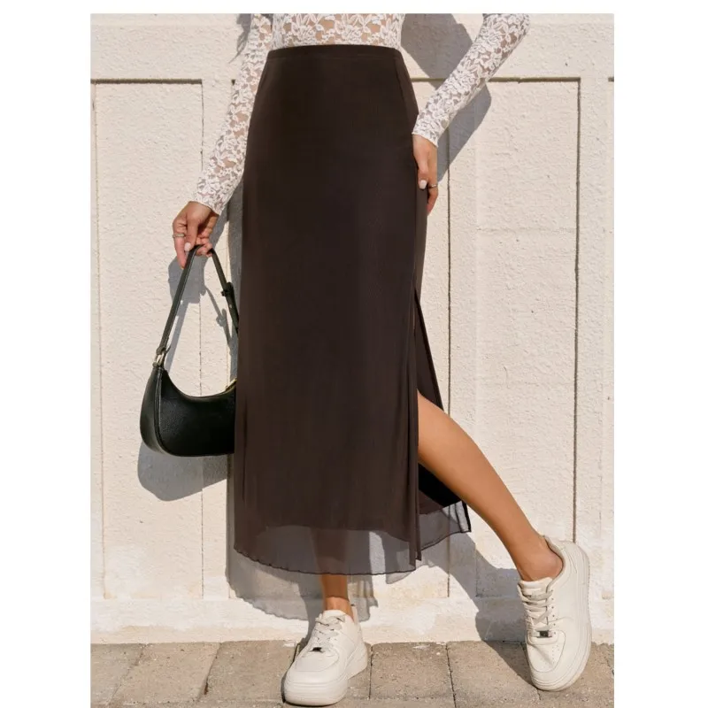 New Side Slit Mesh Chiffon Skirt Elastic Waist And Hip Skirt