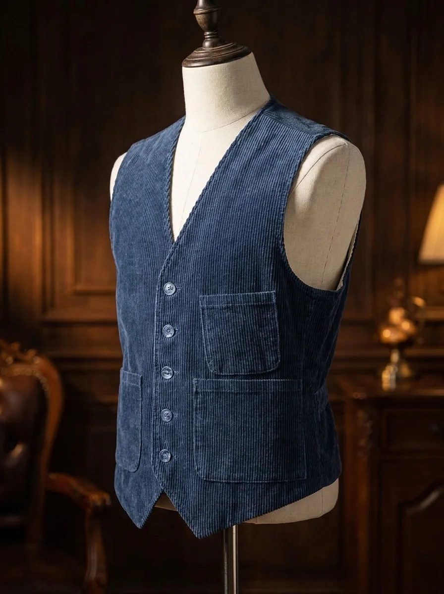 Men Vintage Corduroy Waistcoat V‑Neck Button Front Sleeveless Suit Vest With Pockets Autumn Winter Layering Casual Gilet Jacket