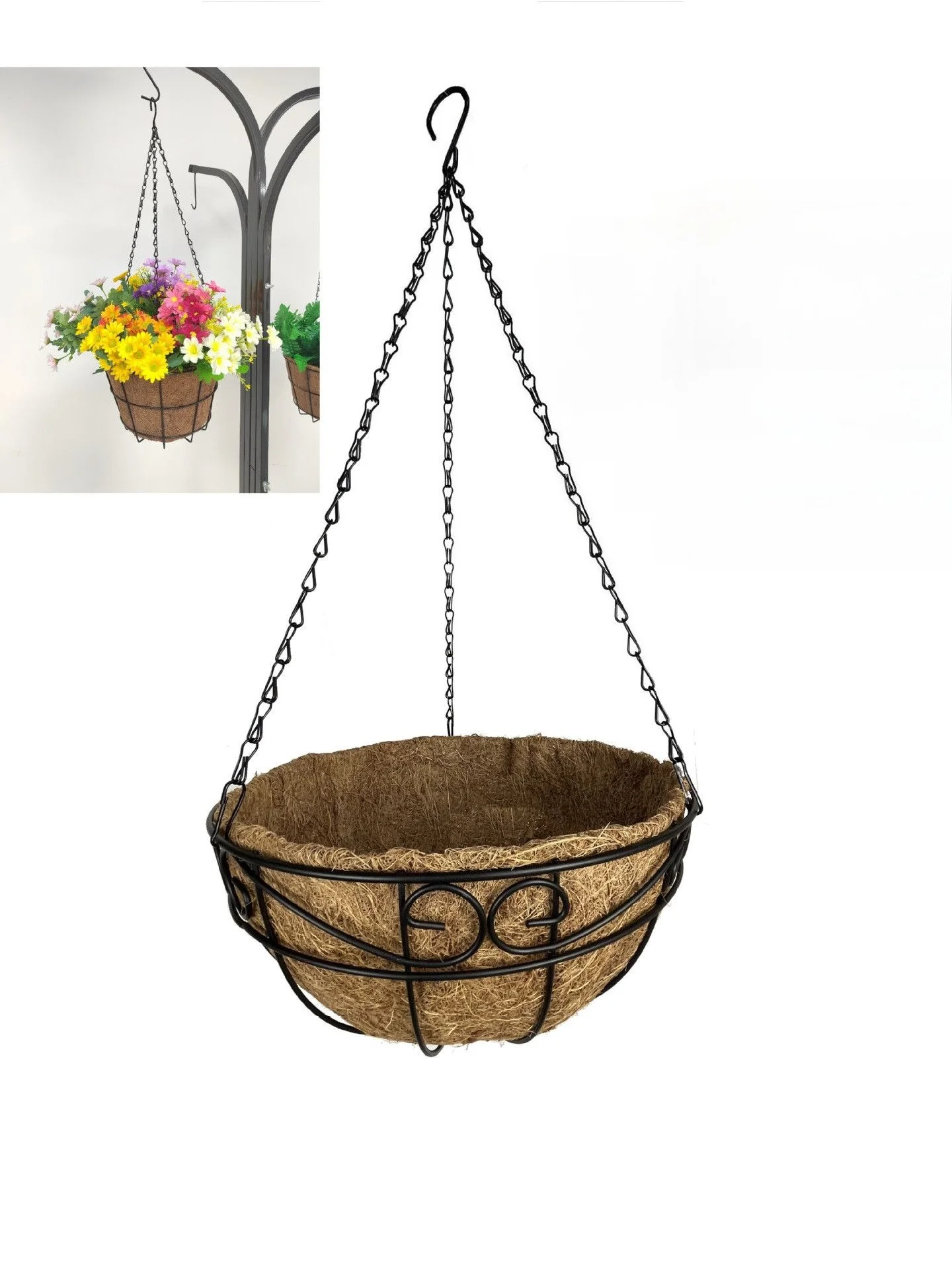 Outdoor Balcony Iron Hanging Flower Basket with Coco Liner, Custom Sizes Available Direct from Manufacturer