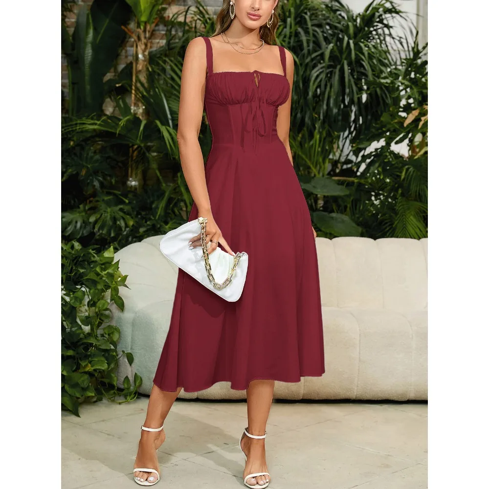 Nova moda verão vestidos femininos sólido pescoço quadrado cami ruched espartilho cintura midi a linha saias elegante vestido de festa de verão y2k