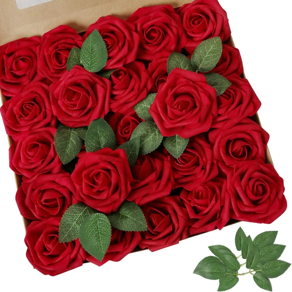 AmyHomie Artificial Flowers Dark Red Rose 100pcs Real Looking Fake Roses w/Stem for DIY Wedding Bouquets Centerpieces Arrangemen