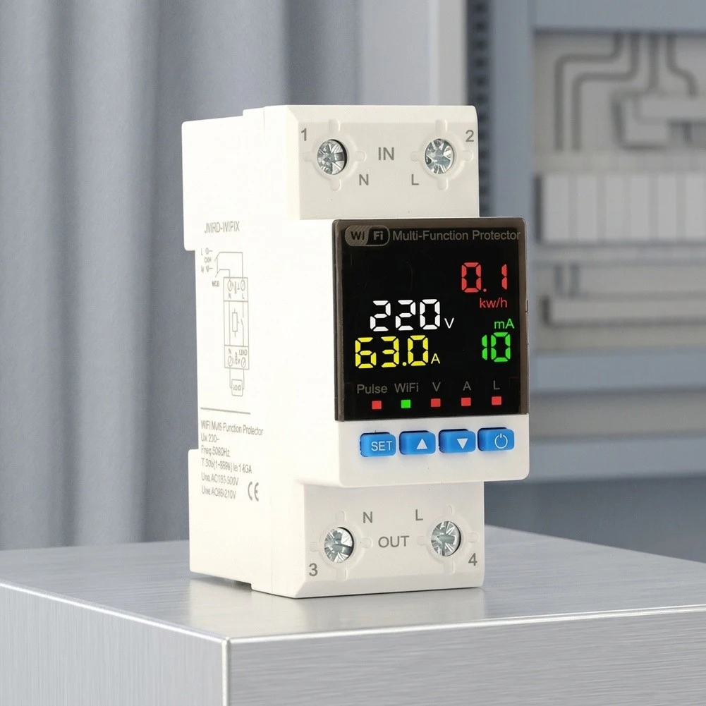 Over Under Voltage Protector with Auto Reclosing Current Monitoring and Energy Tracking for AC220V 63A Systems