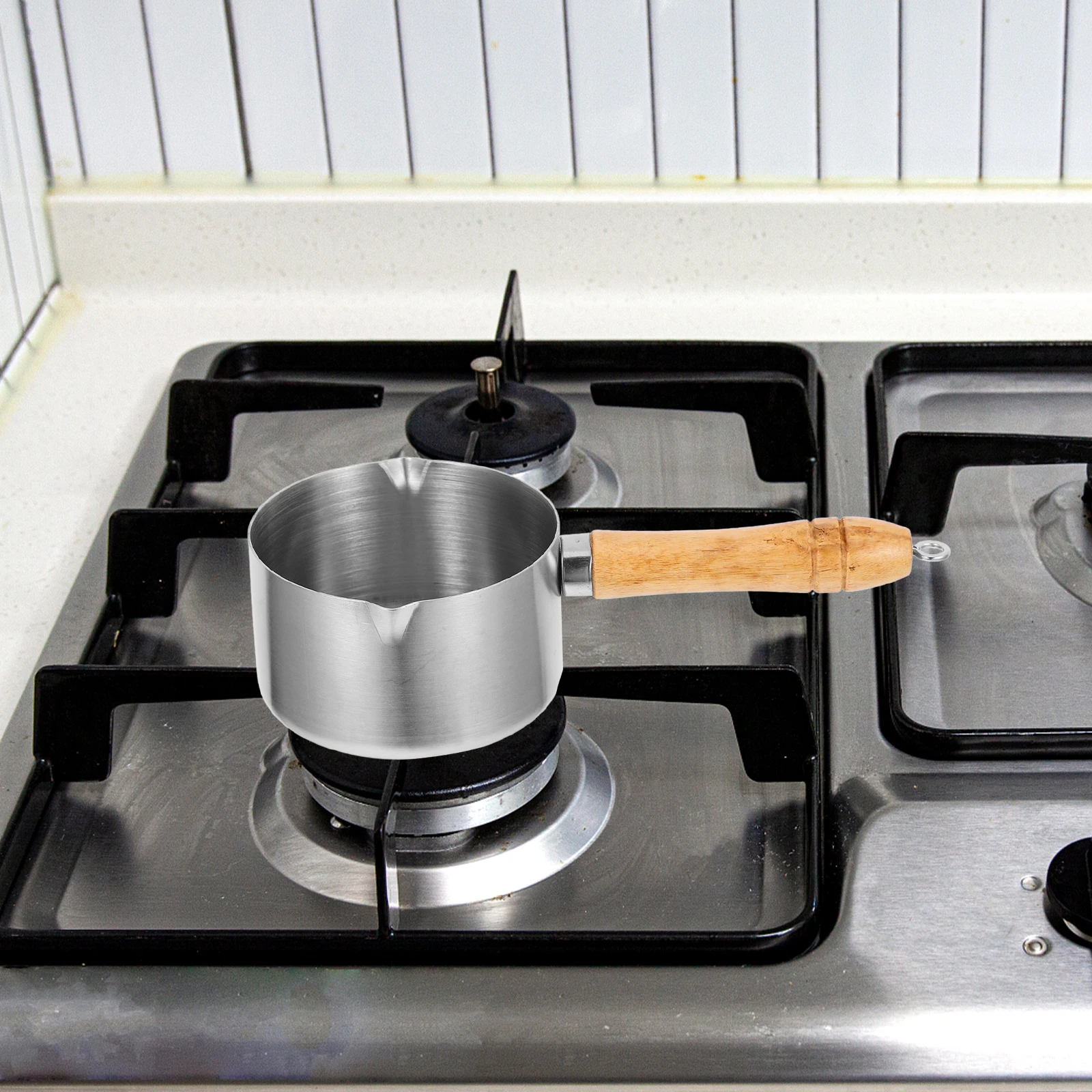 

1pc Non-Stick Oil Pot Stainless Steel Small Sauce Pan Wooden Handle Butter Melting Milk Warming Spout Design Kitchen Cooking