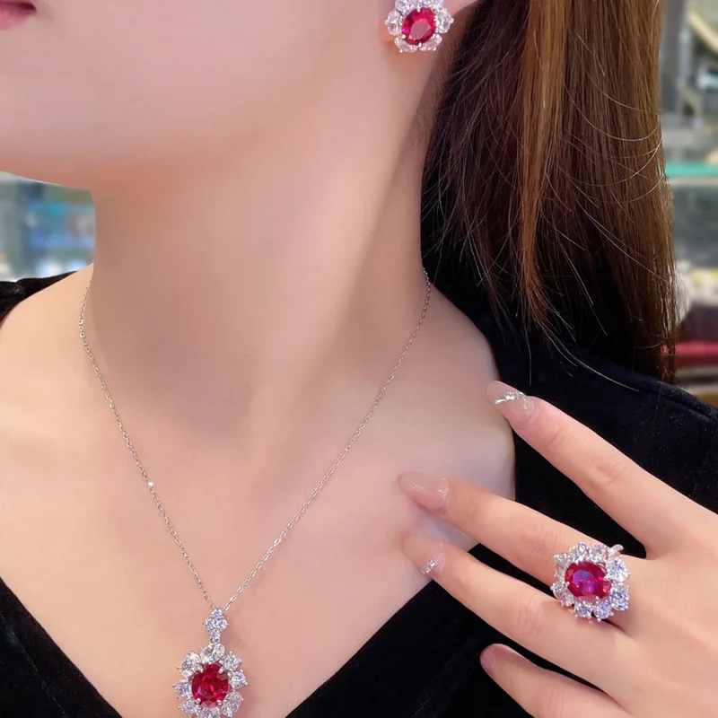 Bride's dress - Red diamond AAA zircon fluorescent color-changing fashionable necklace, ring and earrings set - Elegant jewelry