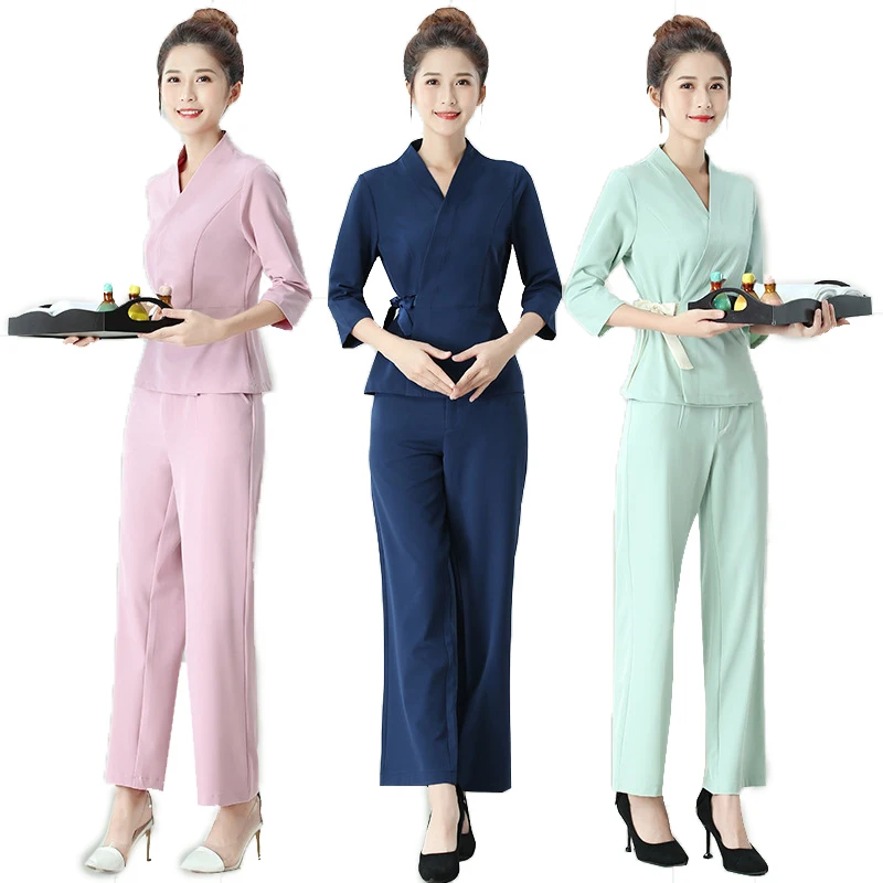 

Рабочая одежда для ванн для ног, женская рабочая одежда для спа-униформы, косметическая одежда, косметологическая спецодежда, комплект из 2 предметов: топ и брюки