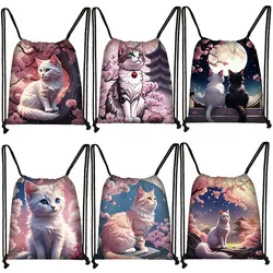 Animal Cat Cherry Blossom Japan Print Drawstring Bag Student Bookbags Women Storage Bags for Travel Portable Shoe Holder Gift