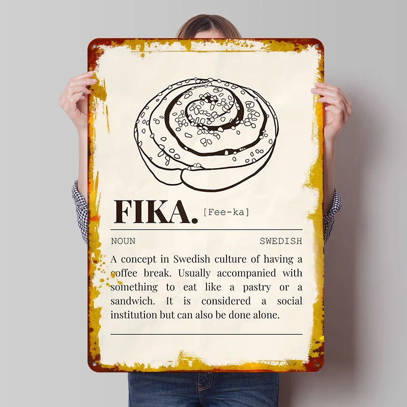 Póster Metálico de Fika Sueca, Arte de Pared Personalizado, Letreros Retro Vintage de Hojalata para Decoración del Hogar, Decoración de Habitaciones, Accesorios para Bares de Juegos