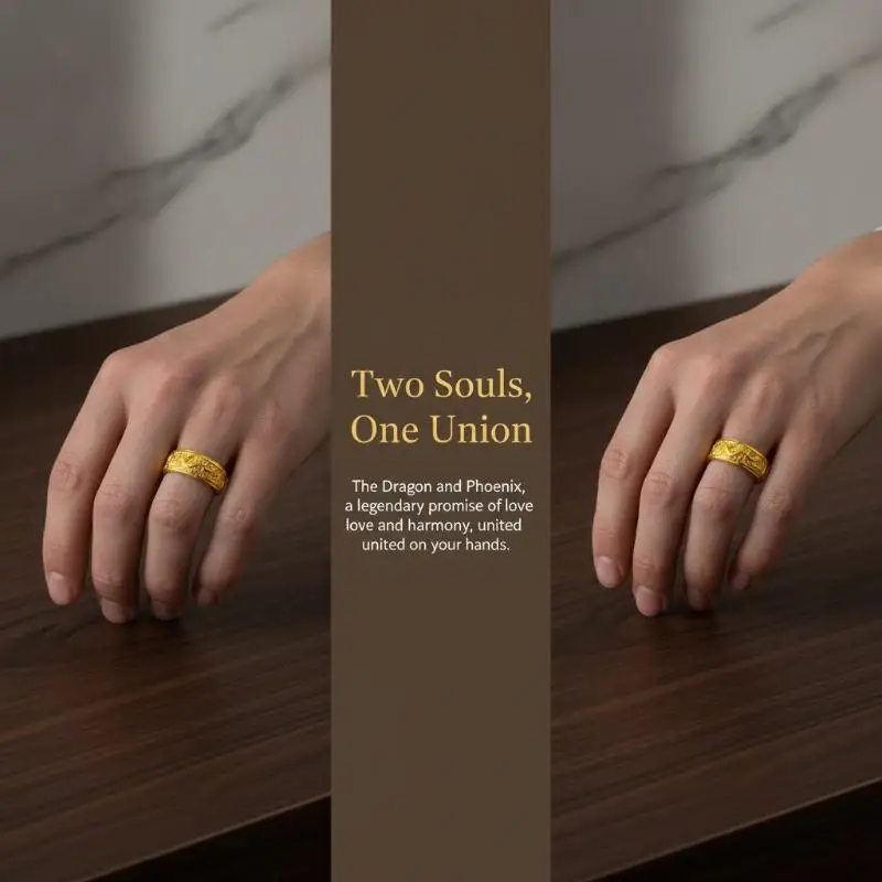 Fancy Adjustable Open Couple Rings Gold Carved Dragon Phoenix for Wedding Engagement Daily Wear