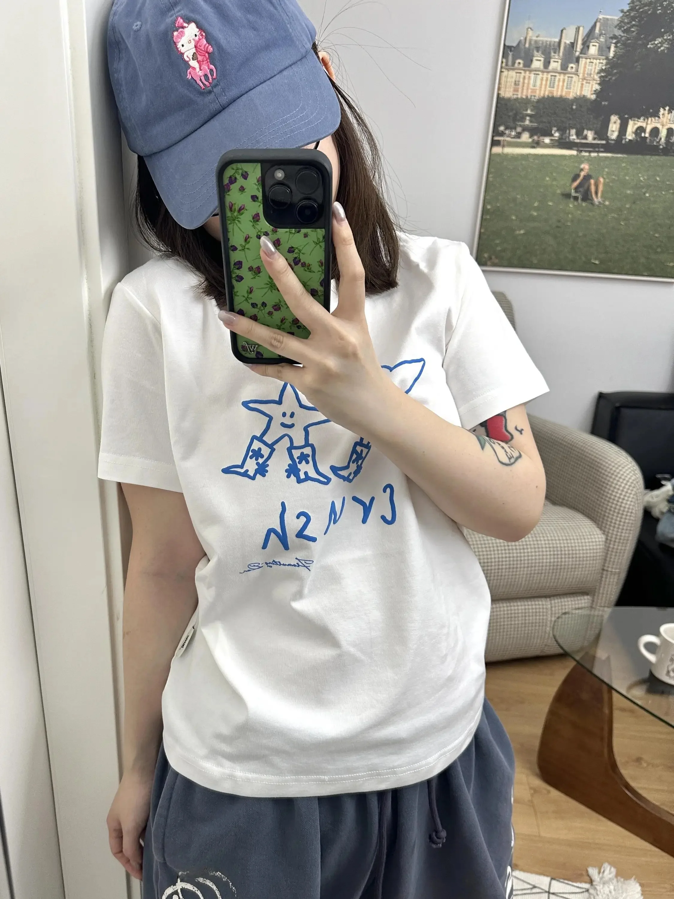 East Today Heat Hand-Drawn Cartoon Star Print Slim Fit Pure Cotton Comfortable Short Sleeve T-Shirt Women's Top Soft Breathable