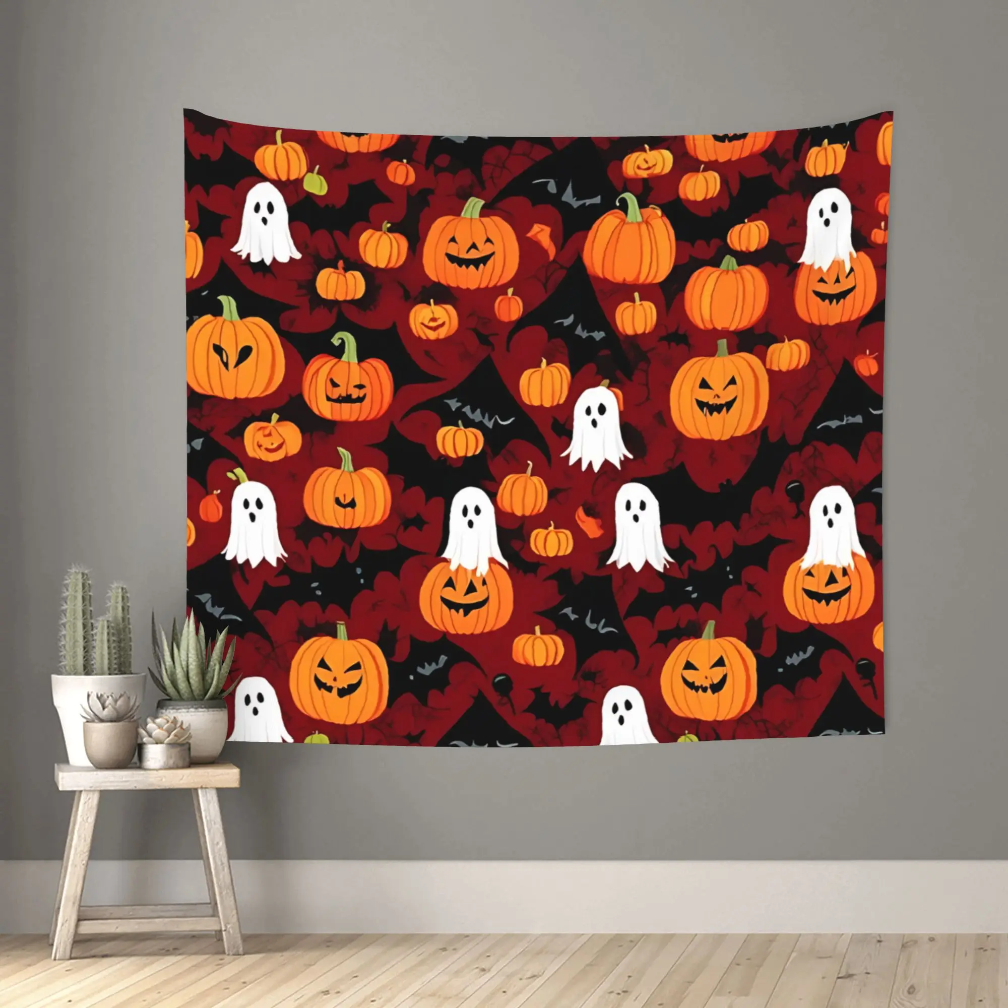 Halloween Print Pumpkin Ghost Repeat Pattern Tapestry Room decoration Home Decoration Tapestry Decor Accessories Cute Room Decor