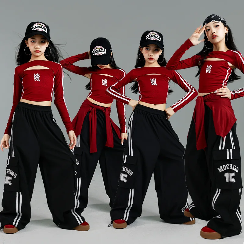 

2025 New Girl Jazz Dance Performance Costume Red Hip-hop Practice Suit Children's Fashion Photography Suit Skateboarding