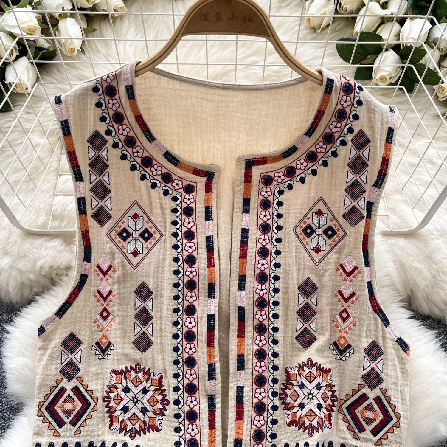 Women fashion embroidery cropped open waistcoat vintage o neck sleeveless female outerwear chic vest tops
