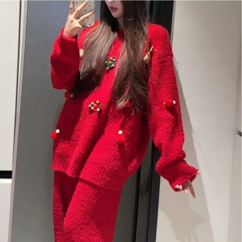 

Sweet Christmas New Year Half Velvet Red Pajamas Women's Winter New Knitted Long-sleeved Trousers Loungewear Set Winter
