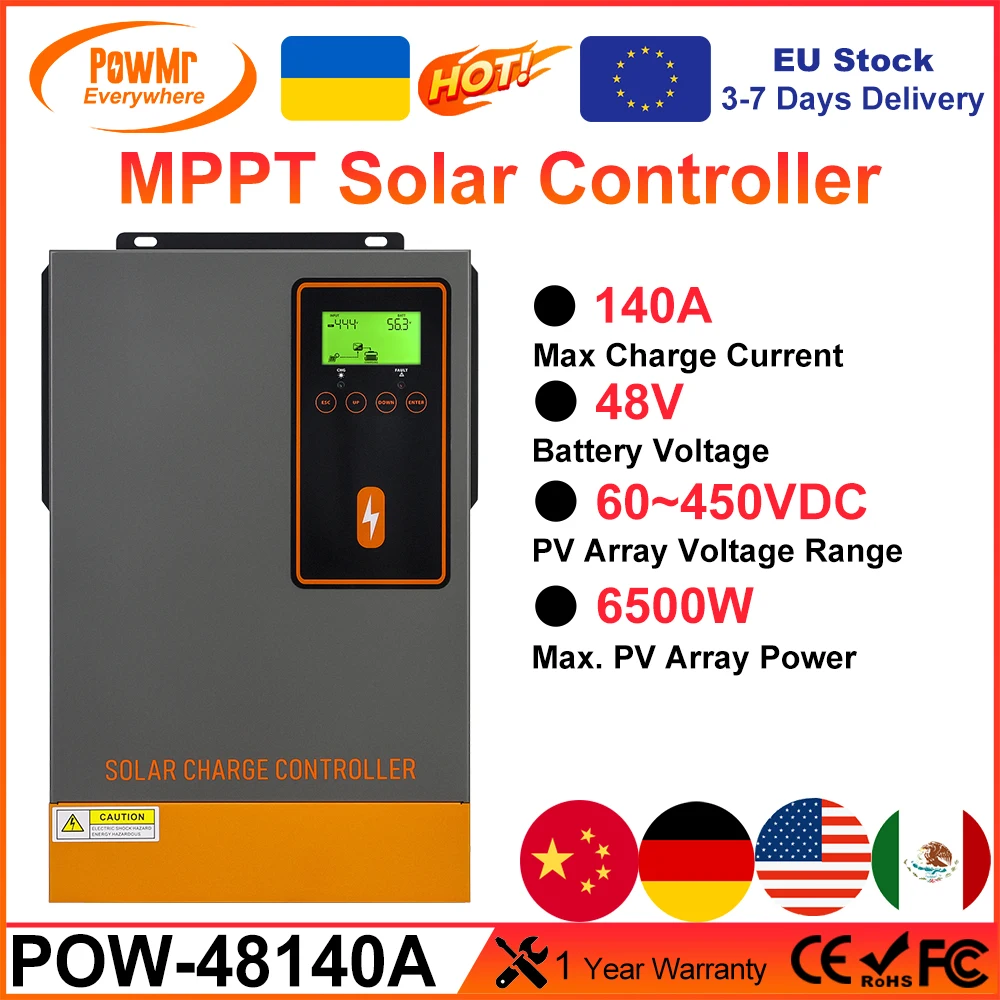 PowMr 140A MPPT Solar Charge Controller LCD Display for Lifepo4 Battery 24V 48V Auto Charge Regulator Max Solar Panel 500V Input