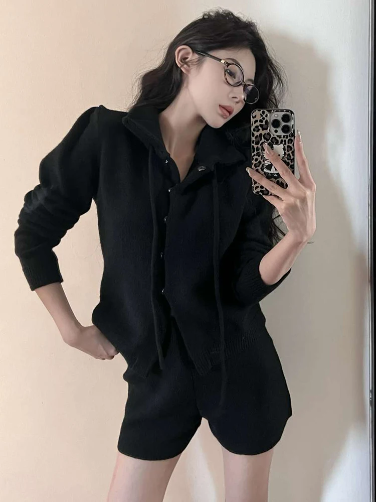 Autumn New Turn Down Collar Lace-up Loose Casual Long Sleeve Cardigan Women + High Waist Sexy Knitted Shorts Two-piece Suit