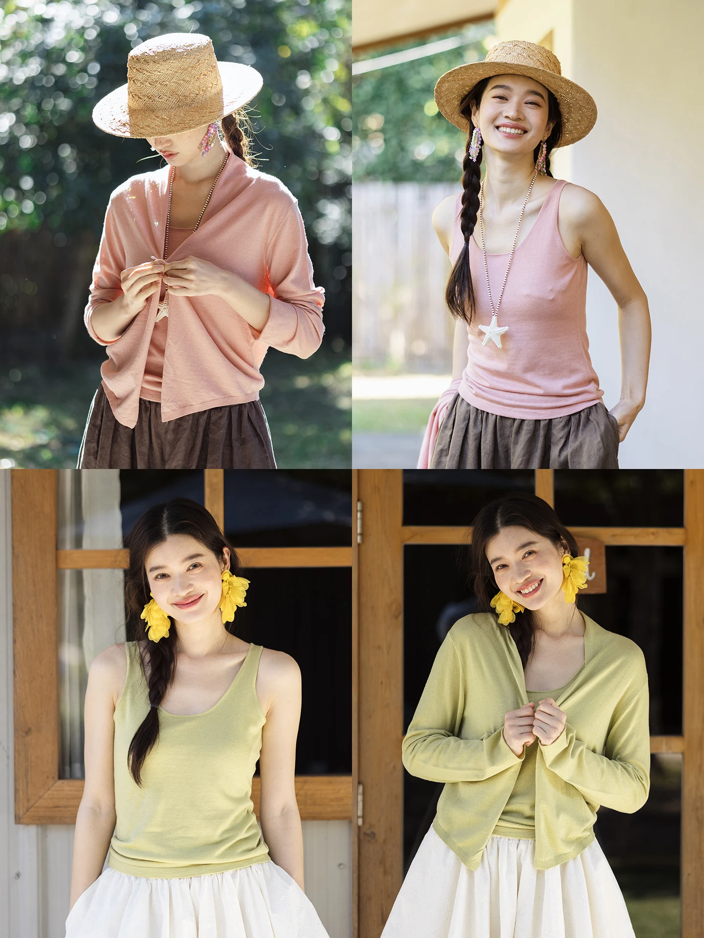 Silk Acetate Wool Knitted Set Sunscreen Green Strap Vest Blooming 166167 Mask Knitted Casual Style round Neck Single Button