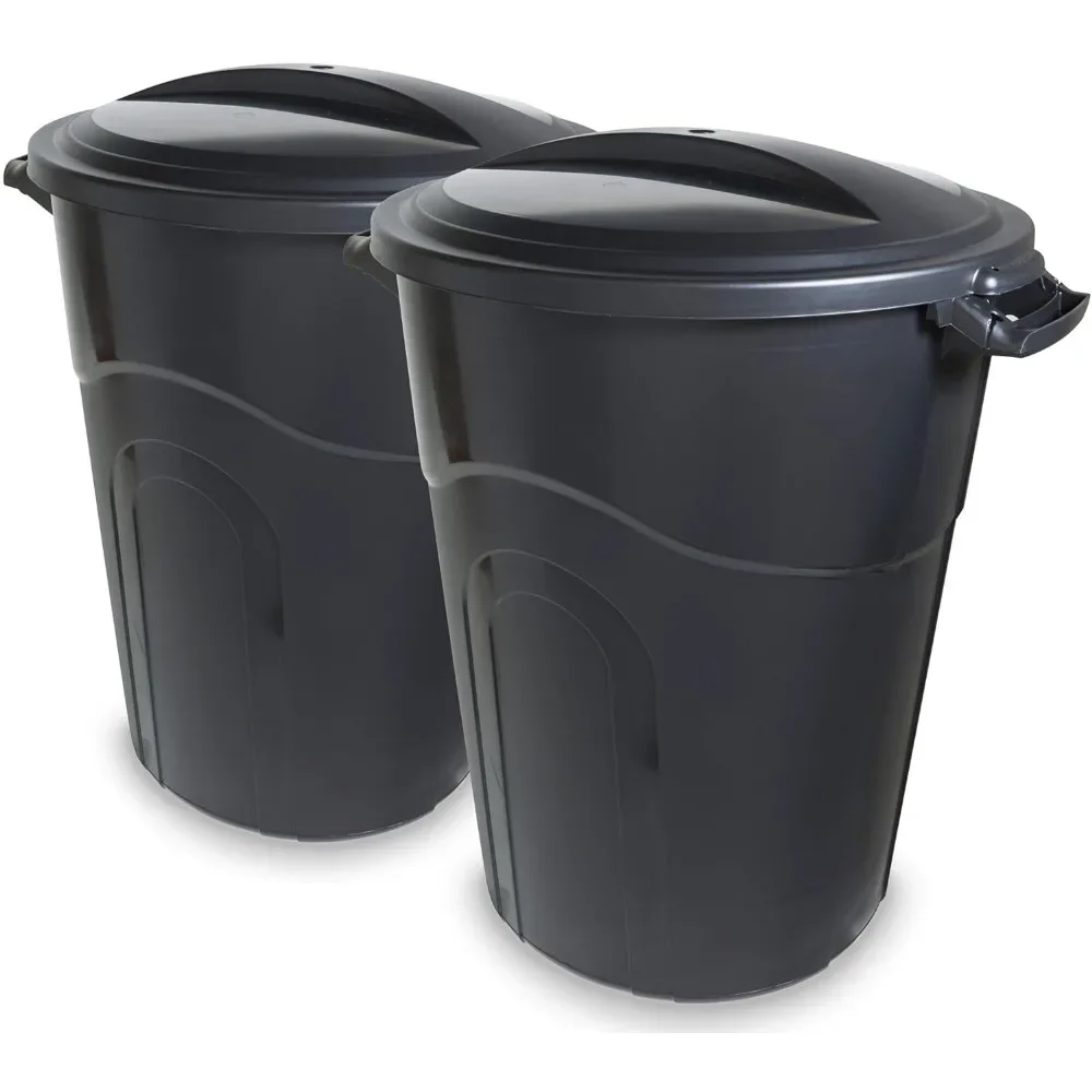 32 Gallon Outdoor Garbage Can, Can with Sturdy Construction, Pass-Through Handles & Attachable Click Lock Lid,  (Pack of 2)