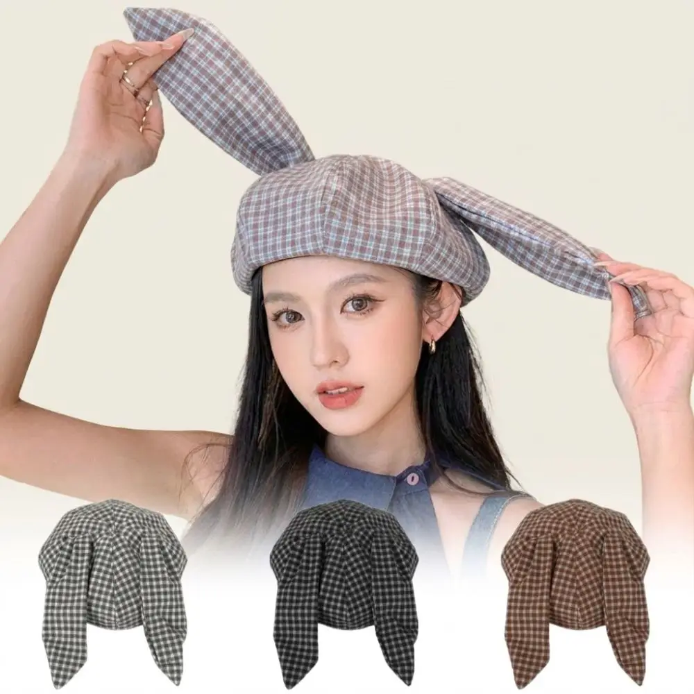 Bild 5: Niedliche achteckige Mütze mit langen Hasenohren, großer Kopfumfang, Newsboy-Mütze im koreanischen Stil, vielseitige karierte Baskenmütze für Frühling und Sommer