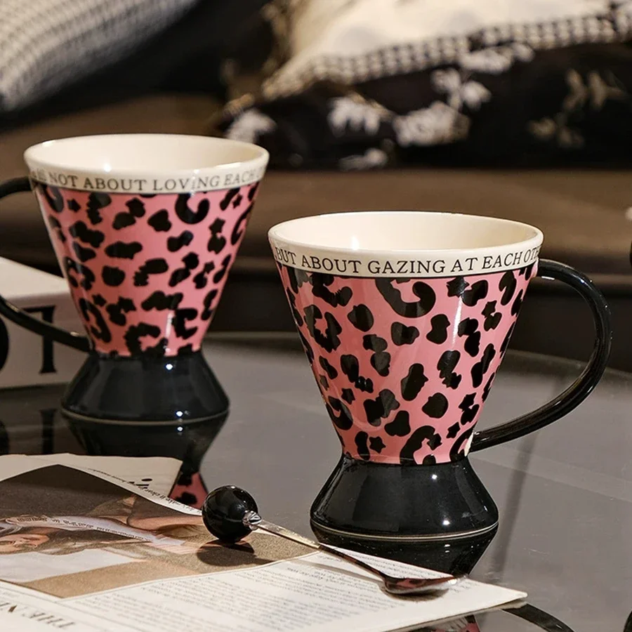 320ml Creative Ceramic Mugs Afternoon Tea Milk Oats Cup Pink Leopard print Coffee cup Holiday Gift  Kitchen Party Drinkware Set