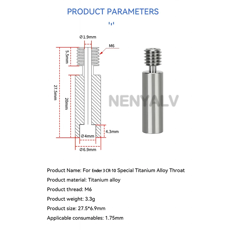 Cobre chapeamento tubo para impressora 3D, heatbreak, liga de titânio, calor quebrar a garganta, Ender 3, CR-10, Hotend, 1,75 milímetros