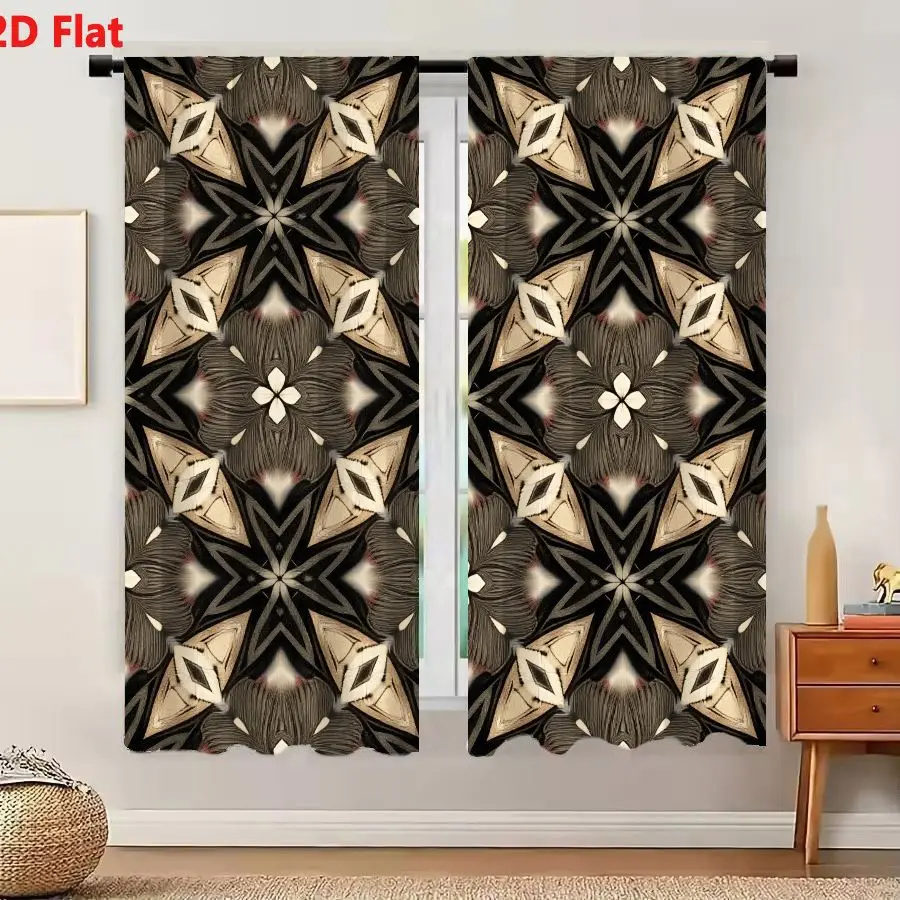 2Pcs Curtains Add 2D Flat Geometric Kaleidoscope Pattern With Stylized Flower Motifs In Muted Earthy Tones And Art Deco Style Wi