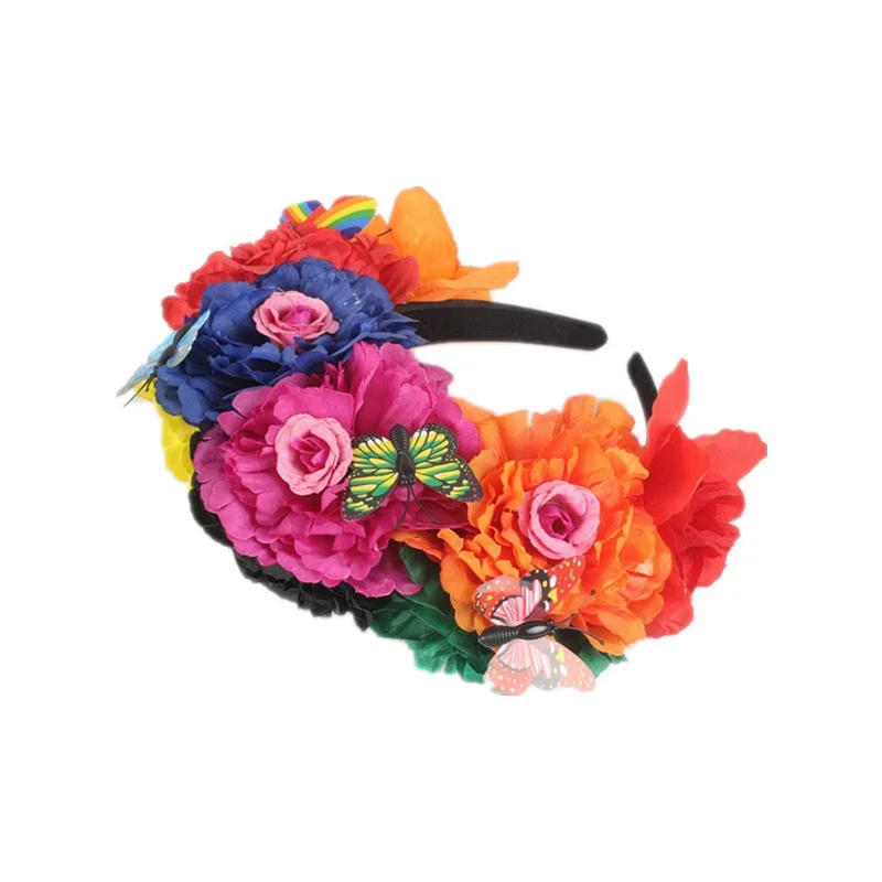 Halloween Simulation Colorful Peony Flower Headband Fairy Butterfly Mexican Crown Cosplay Day of The Dead Headpiece