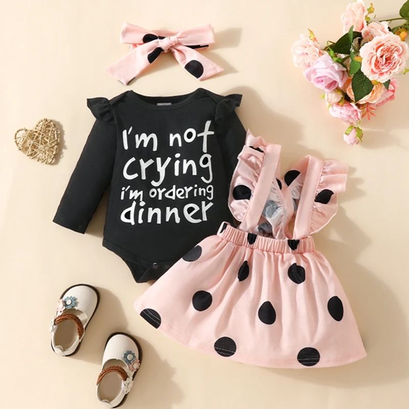 0-18M Newborn Baby Girl Clothes Spring Fall Letter Print Long Sleeve Rompers + Dot Print Suspender Skirts + Headband 3Pcs Sets