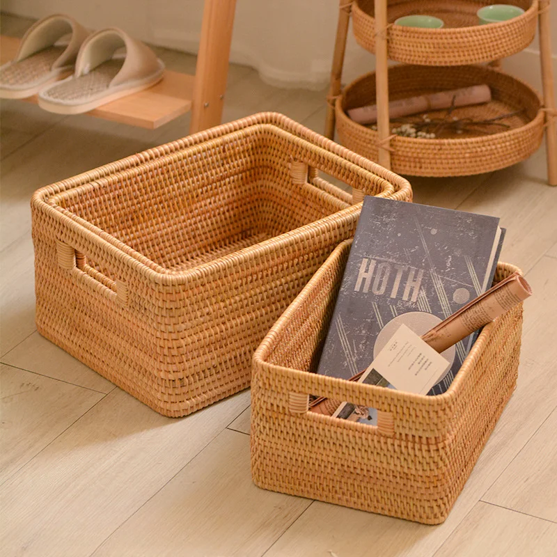 Handwoven Natural Rattan Rectangular Storage Basket With Handles Organizer Bin for Kallax Cube Shelf Home Hotel Storage & Decor