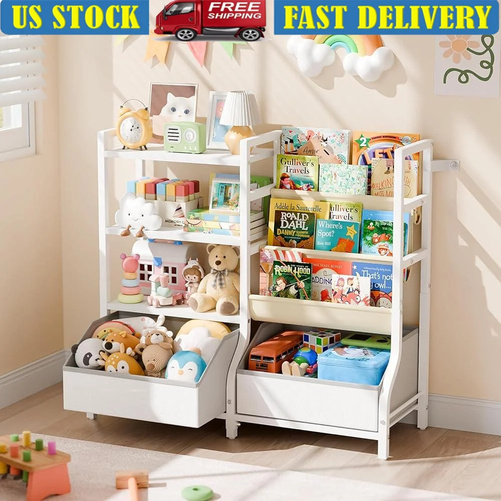 

Kids Bookshelf Toy Storage Organizer 3 Tier Wooden Bookcase Montessori Style Toddler Bookshelf with Canvas Sling and Drawers