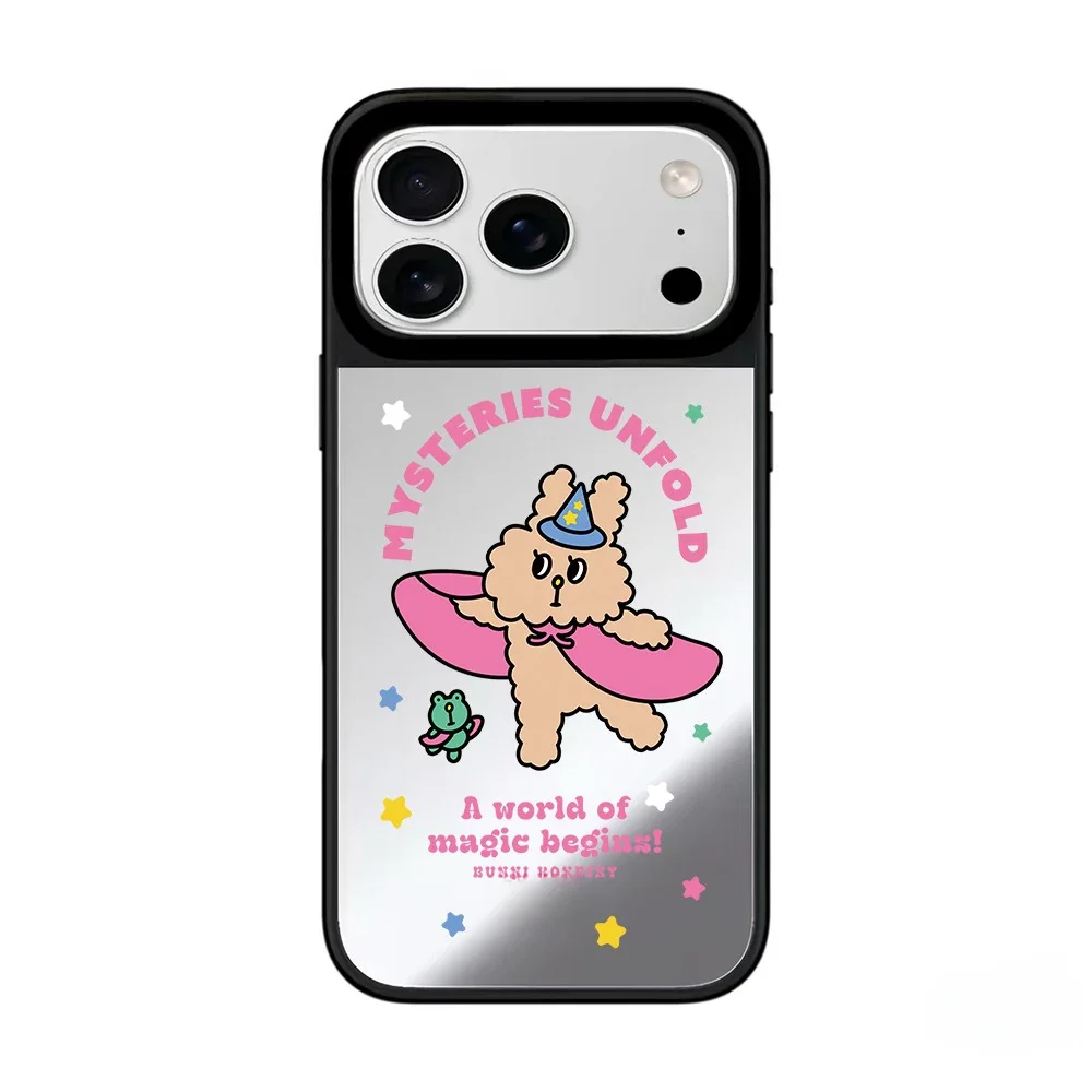 

Happy Cartoon Rabbit Mirror Surface Black Border Magnetic Phone Case for IPhone 17 16 15 14 13 12 Pro Max Cover