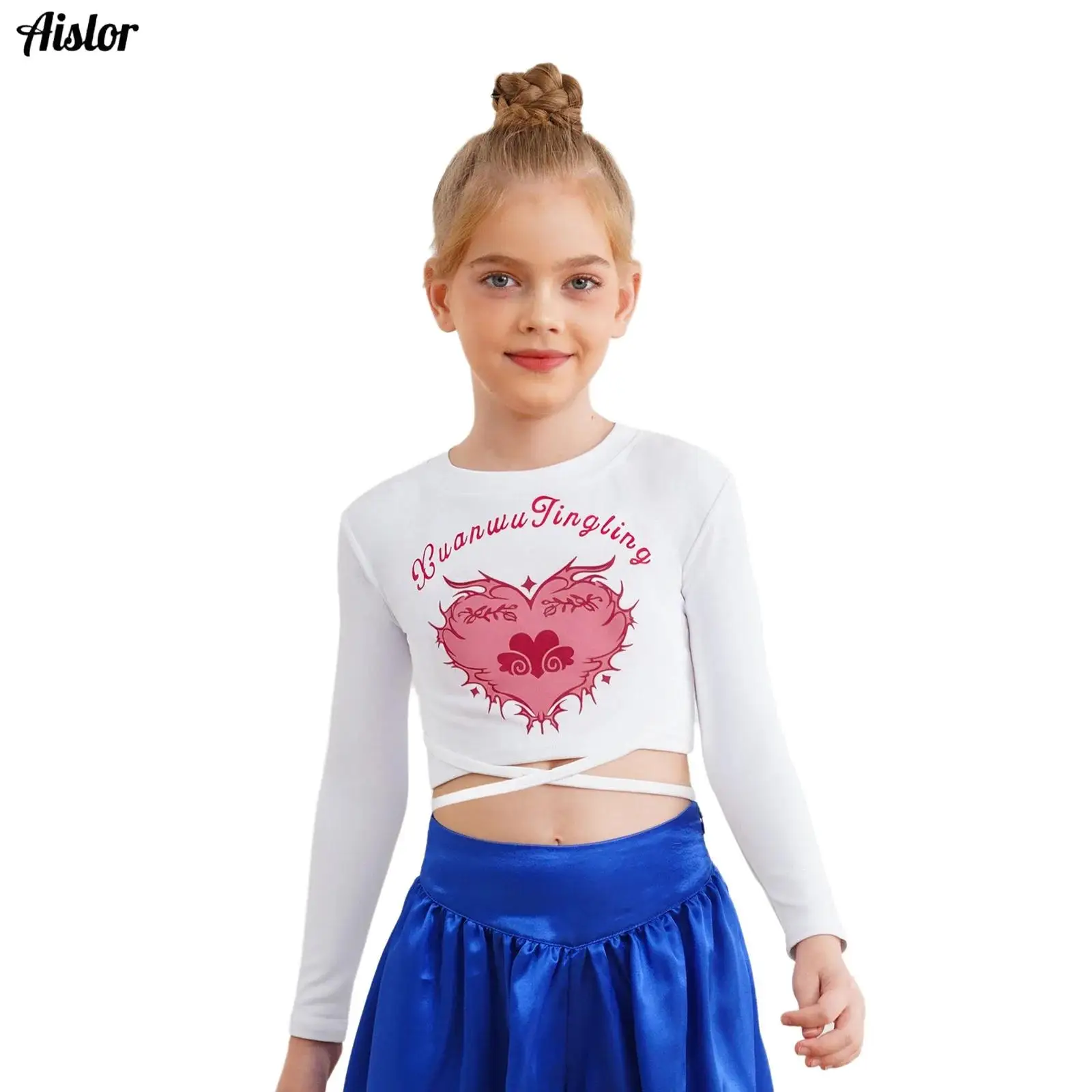 

Kids Girls Hip-Hop Jazz Dance Top Lace-up Letter Heart Printed Crop Top Round Neck Long Sleeve T-shirt Pullover Tops Streetwear