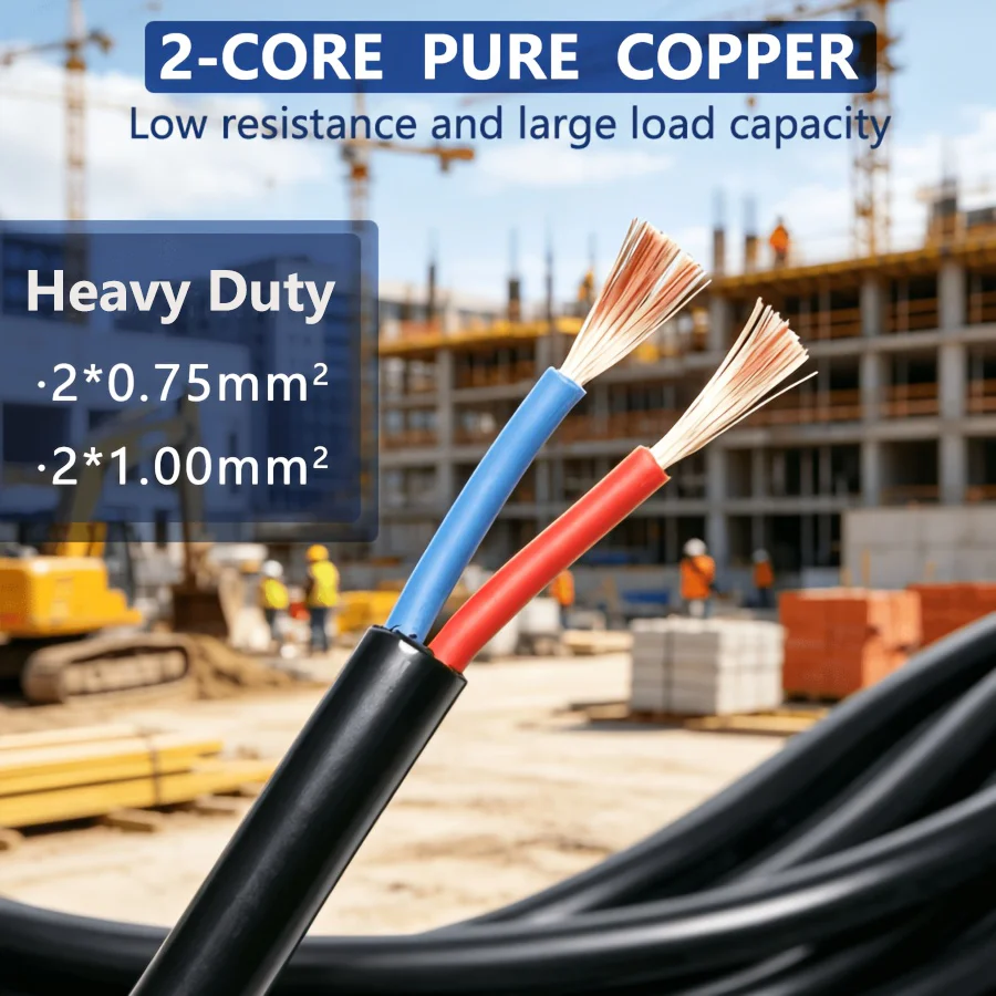 Pure Copper H05VVH2 2-Core Flat Flexible Insulated Wire Cable Fire Resistant High Conductivity Heavy Duty Extension Cord 1.8-30M