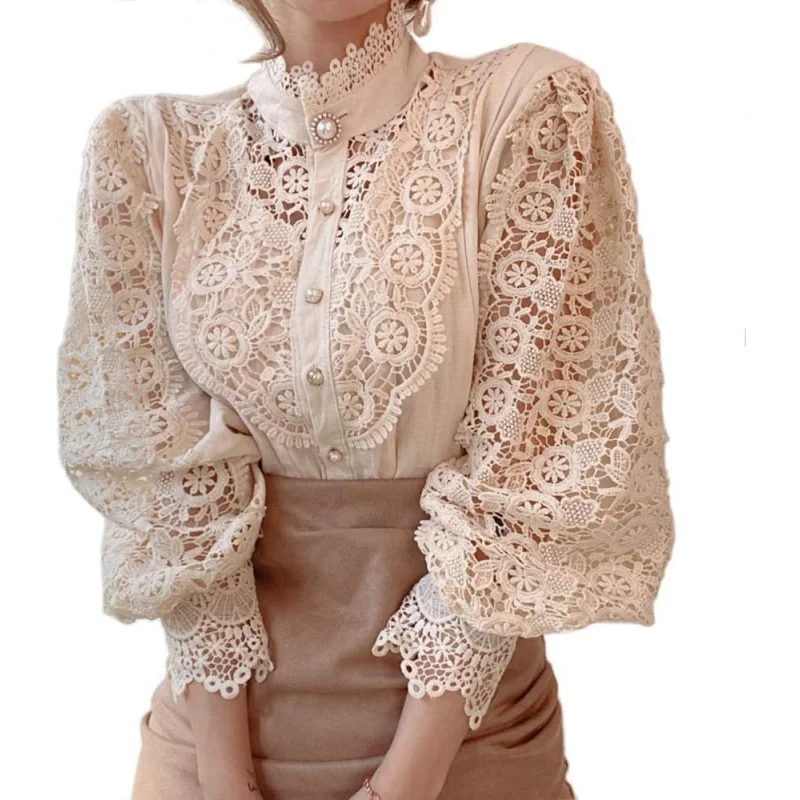 

Women’s Elegant Lace Trim Shirts Casual Victorian Blouse Long Sleeve Button Down Tops