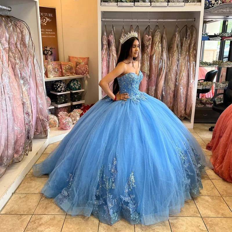 ANGELSBRIDEP modrá bál talár quinceañera šaty 15 večírek glittery tyl nášivka formální maškaráda popelka narozeniny talár