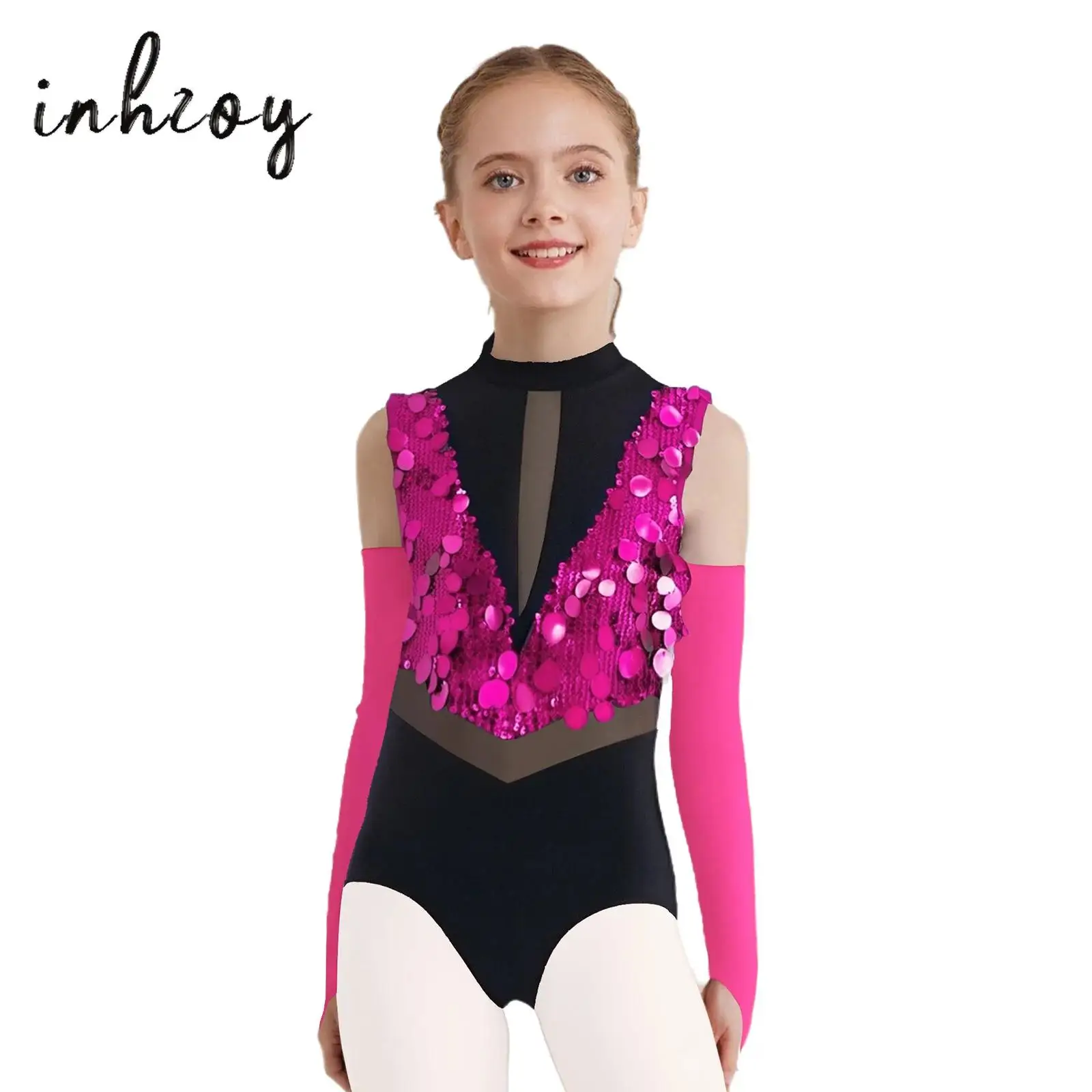 

2Pcs Girls Shiny Sequins Jazz Latin Dance Leotard Gymnastics Performance Outfit Sleeveless Cutout Color Block Bodysuit+Gloves