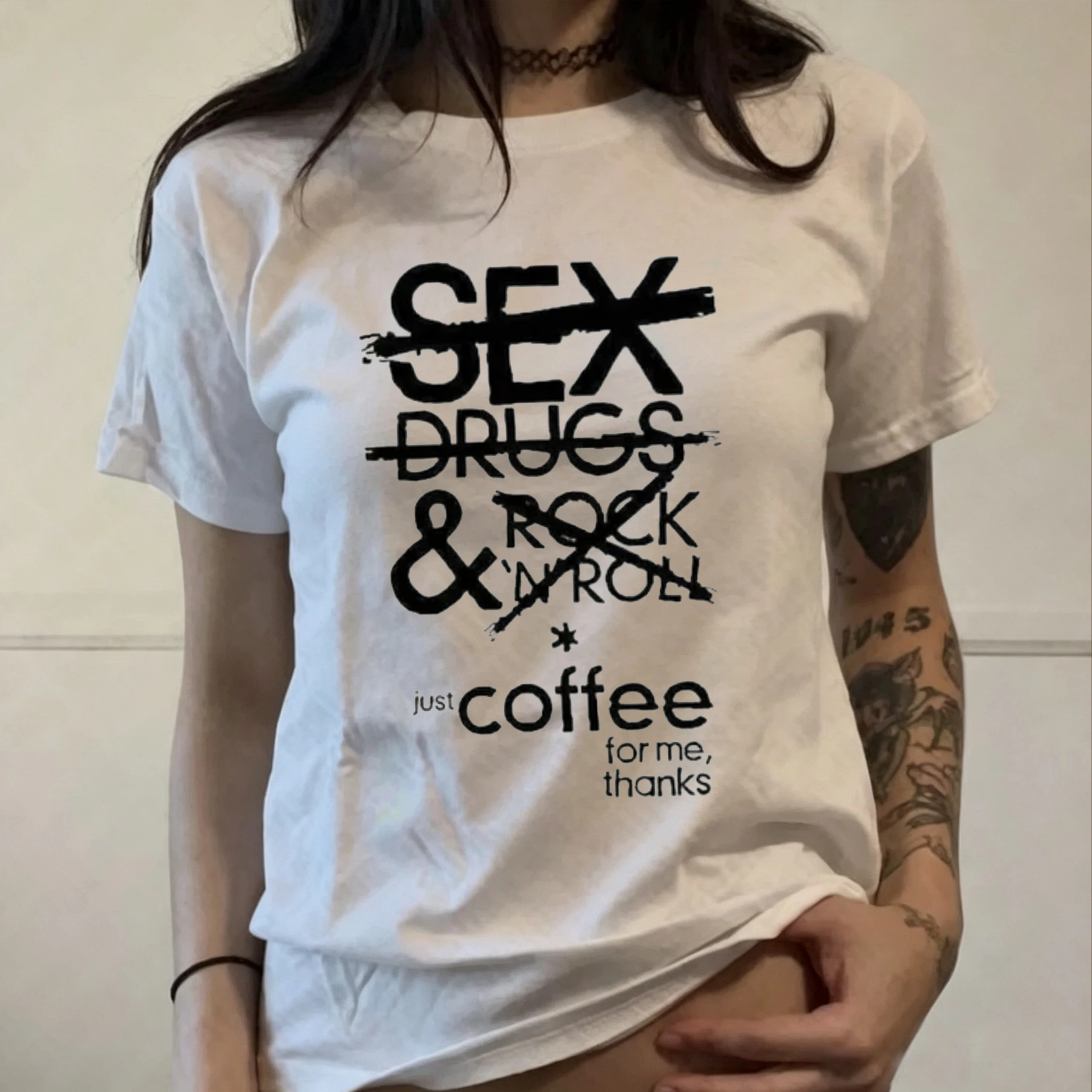 No Sex Drugs Rock N Roll Just Coffee Thanks Graphic T-shirt Men Women Summer Cotton Trendy Vintage Casual Streetwear Tee Tops