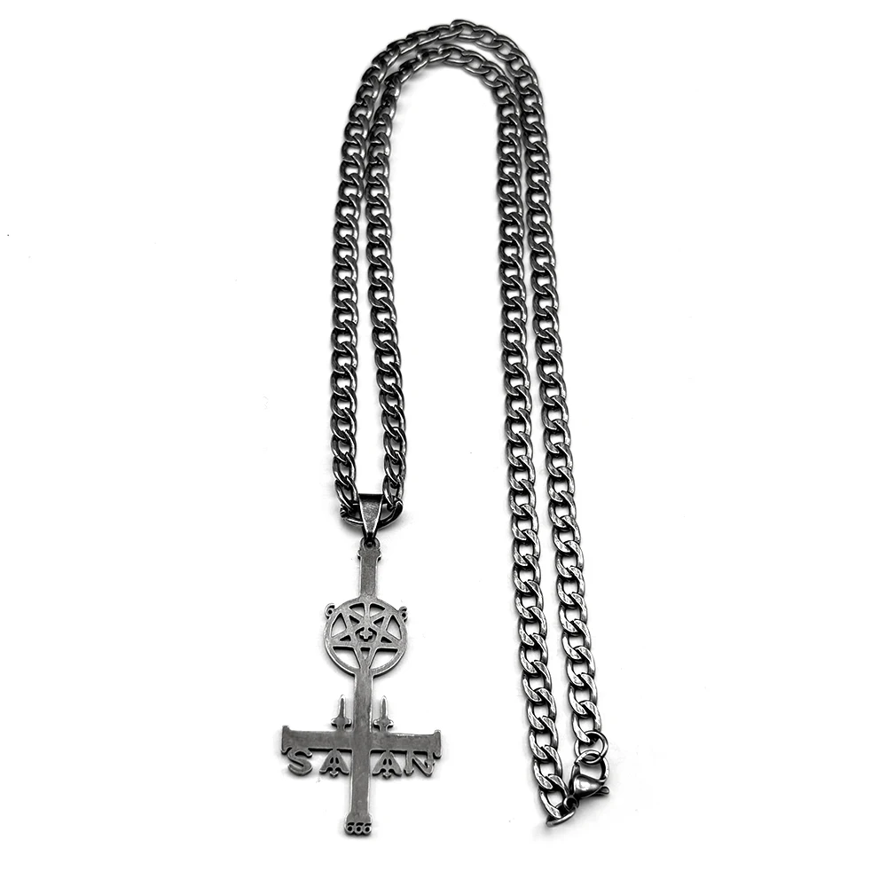 Stainless Steel Satan Inverted Pentagram Cross Pendant Necklace for Women Men Pentacle Gun Black Long Chain Necklaces Jewelry